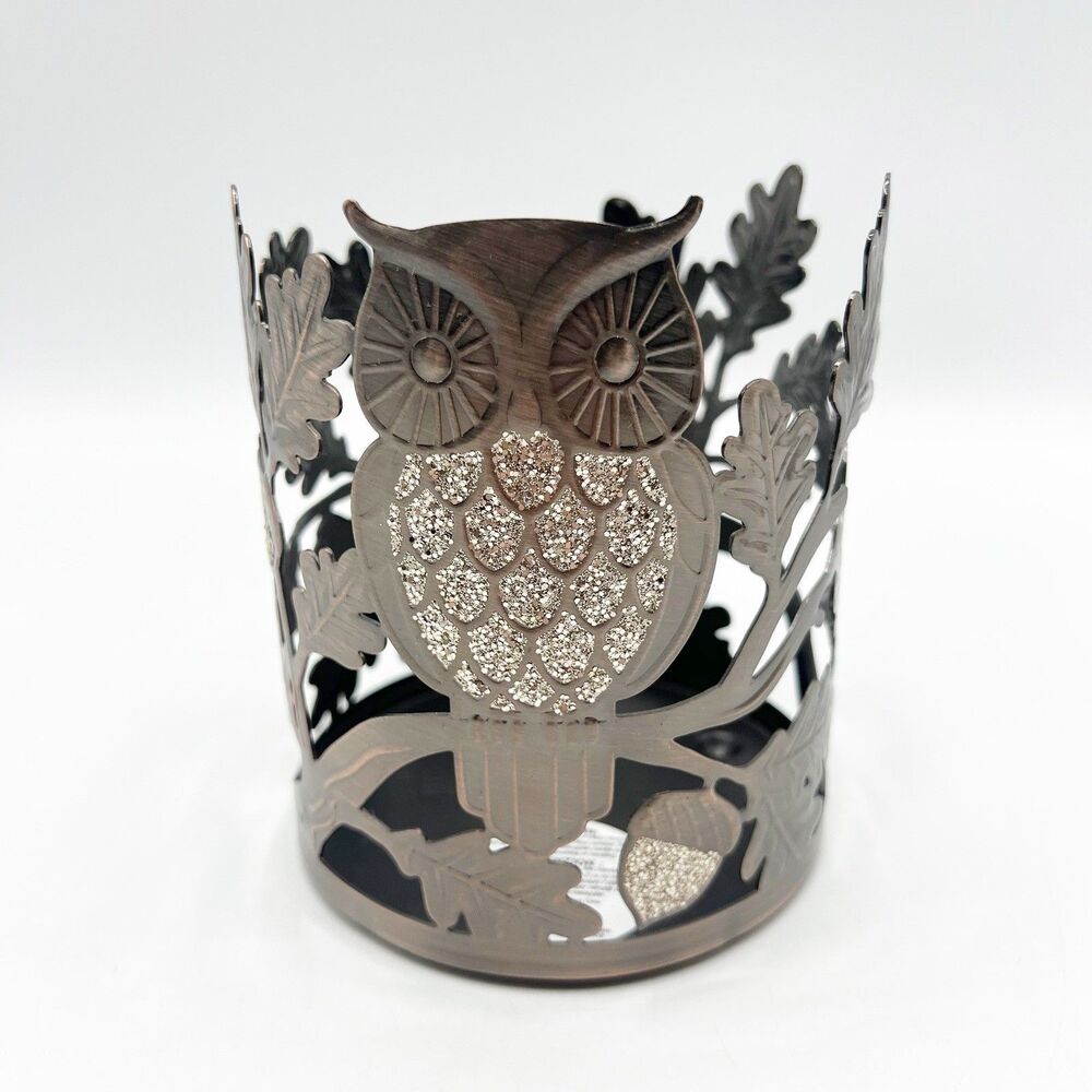Slatkin & Co Bath & Body Works Owl Acorns & Leaves Bronze 3 Wick Candle Holder